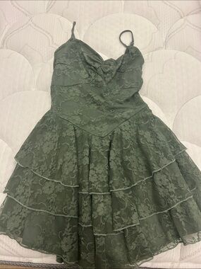 Windsor Olive Green Lace Tiered Mini Dress